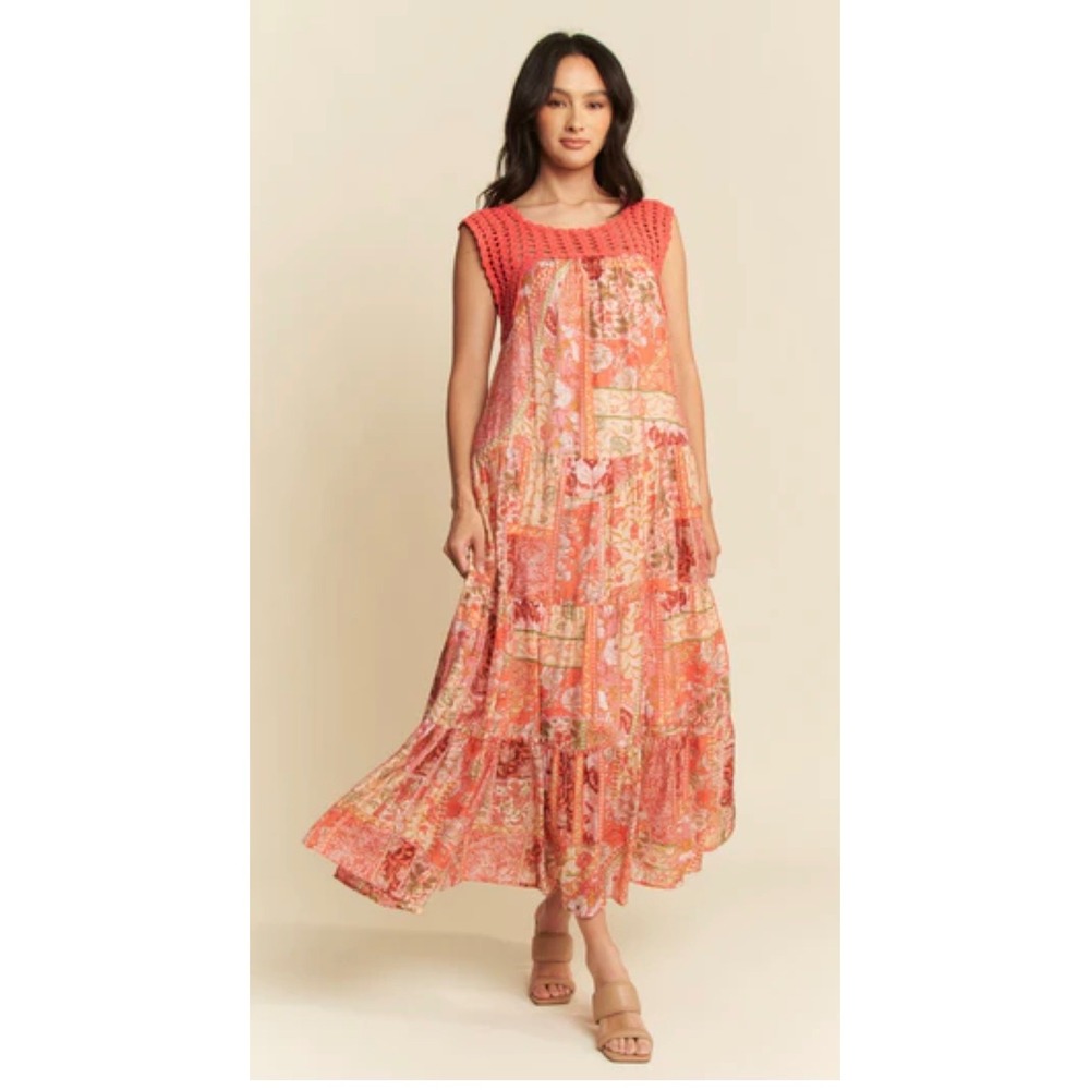 Davi & Dani Floral Patchwork Print Maxi Dress Open Crochet Straps Coral Orange S